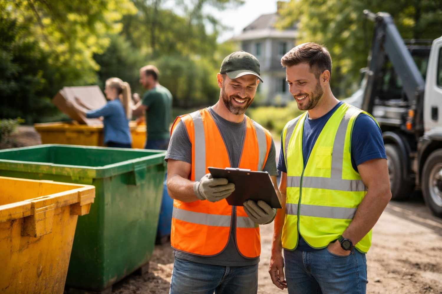 Two smiling workers wearing bright orange and yellow safety vests stand together in the foreground looking at a clipboard, while two blurred people load cardboard into a row of green and yellow dumpsters in a sunny residential area near a parked white truck