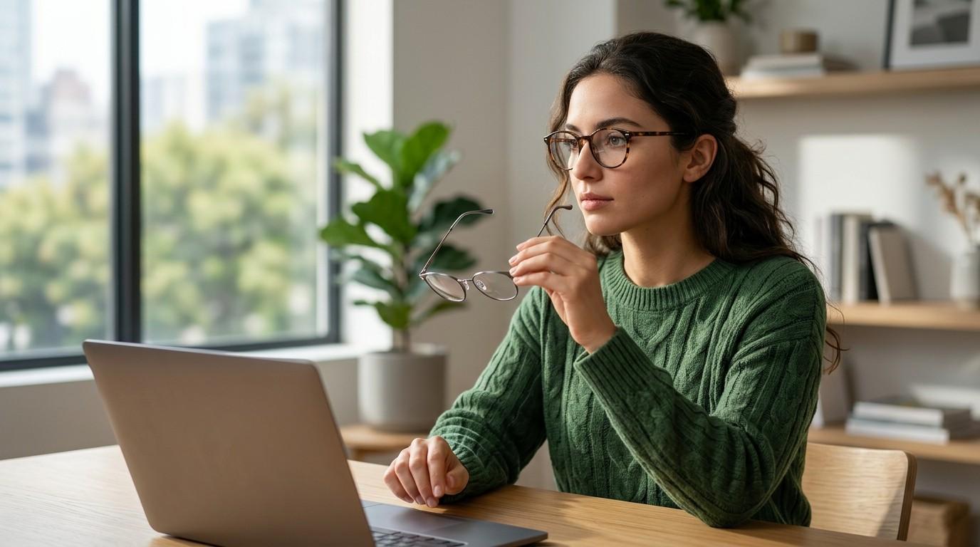 A woman wearing blue light filtering glasses works at a computer during evening hours, highlighting eye protection, reduced digital eye strain, and healthy screen time habits in a modern home office.