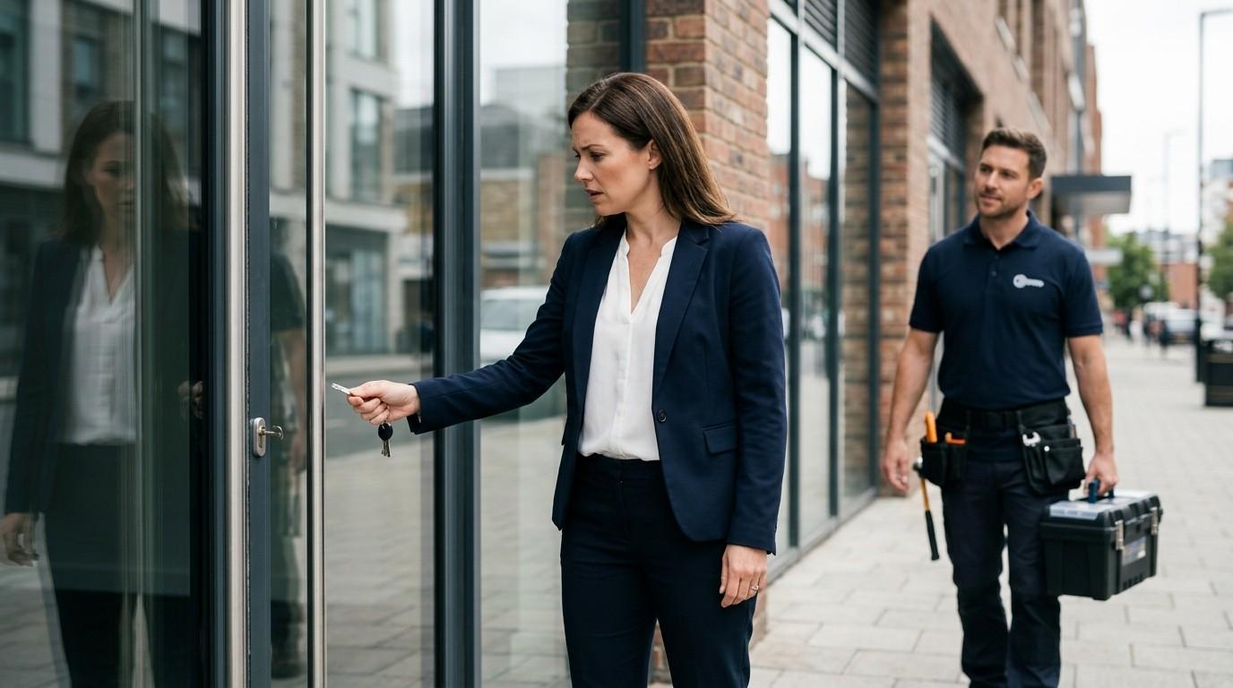 A business owner struggles with a locked commercial door as a locksmith arrives to help.
