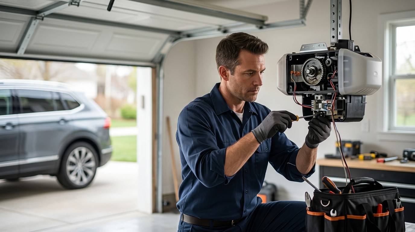 A technician repairs a garage door opener mechanism using a screwdriver.