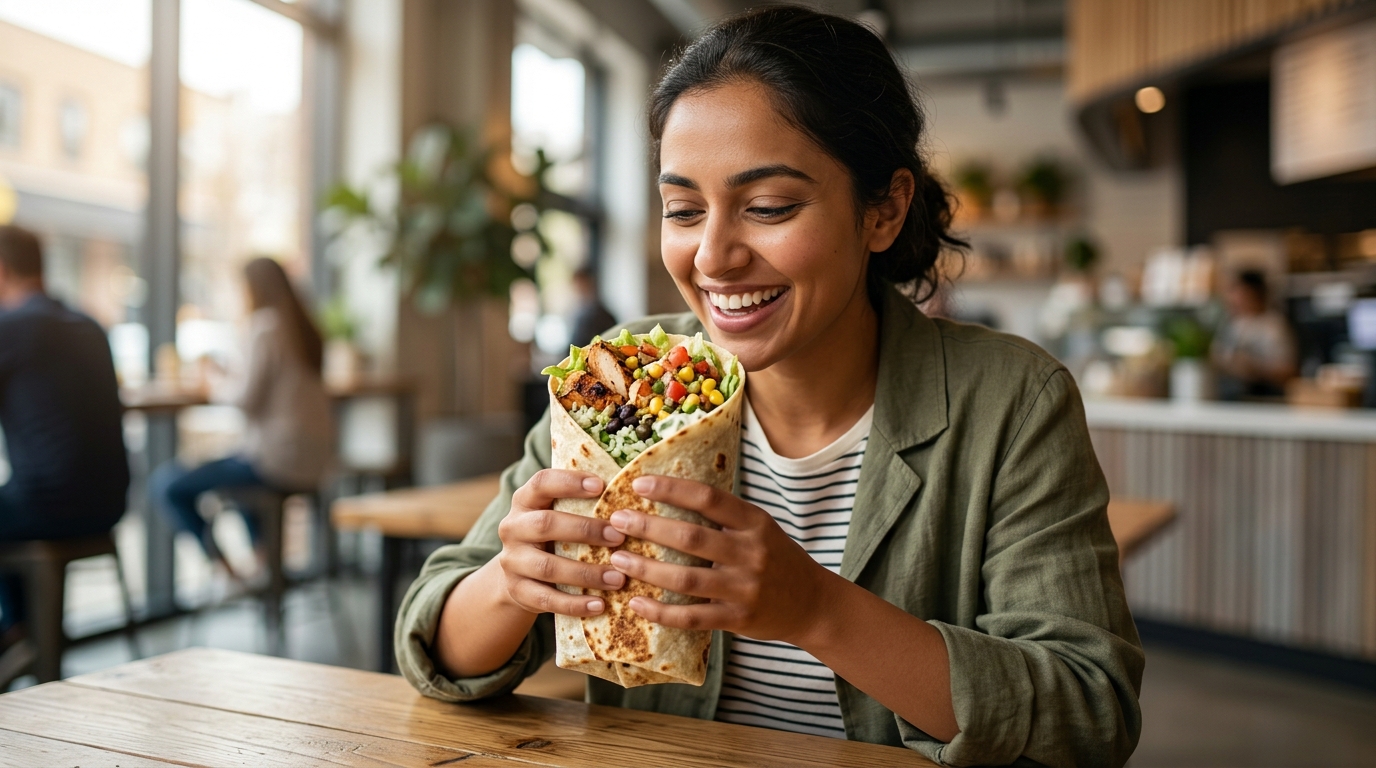 A woman enjoys a fresh and loaded halal burrito at a cozy modern restaurant.