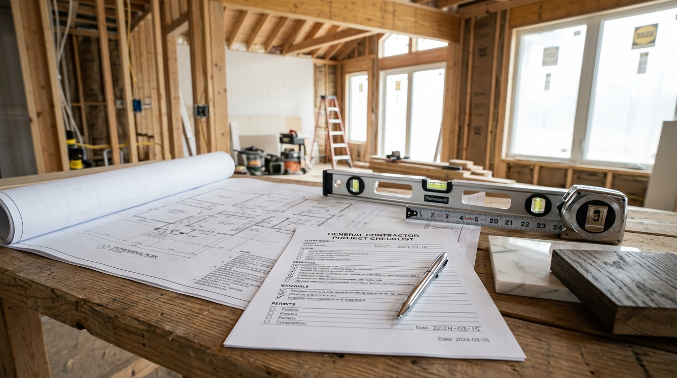 General contractor project checklist, blueprints, and measuring tools displayed on a workbench inside a residential construction site.