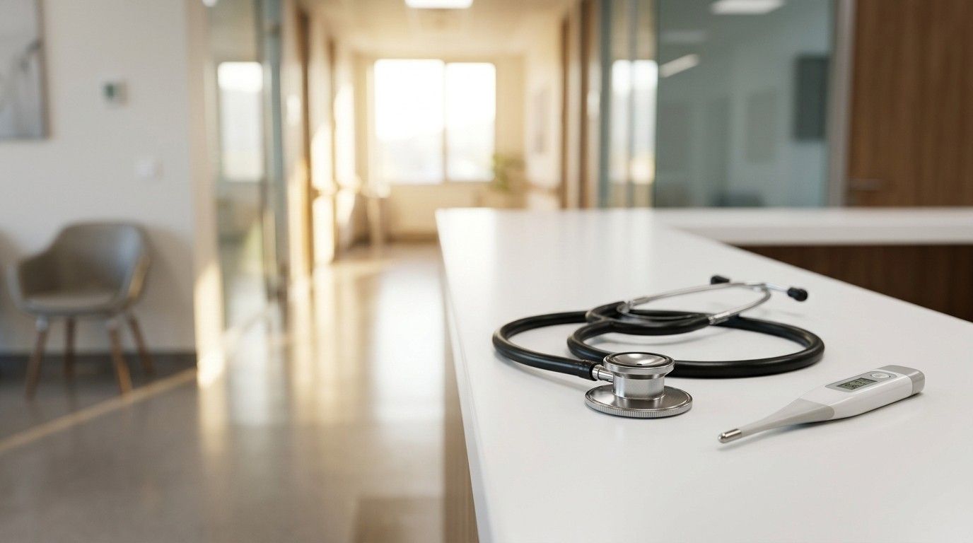 Stethoscope and digital thermometer on a clinic countertop in a modern urgent care medical facility.