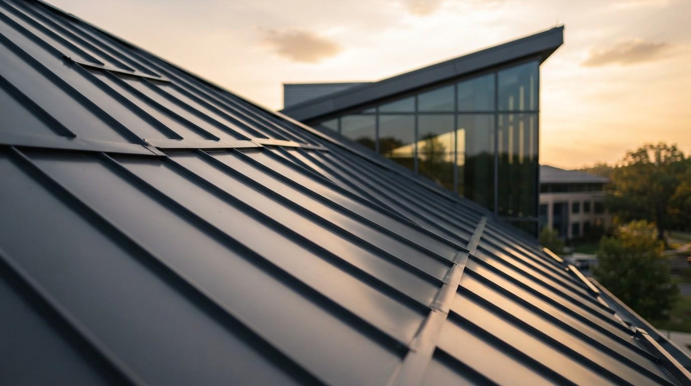 Modern standing seam metal roof on a commercial building with contemporary architectural design