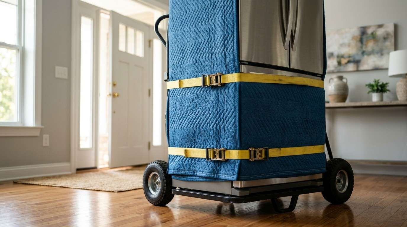 Stainless steel refrigerator wrapped in a protective moving blanket and secured with straps on a heavy-duty moving dolly inside a home.