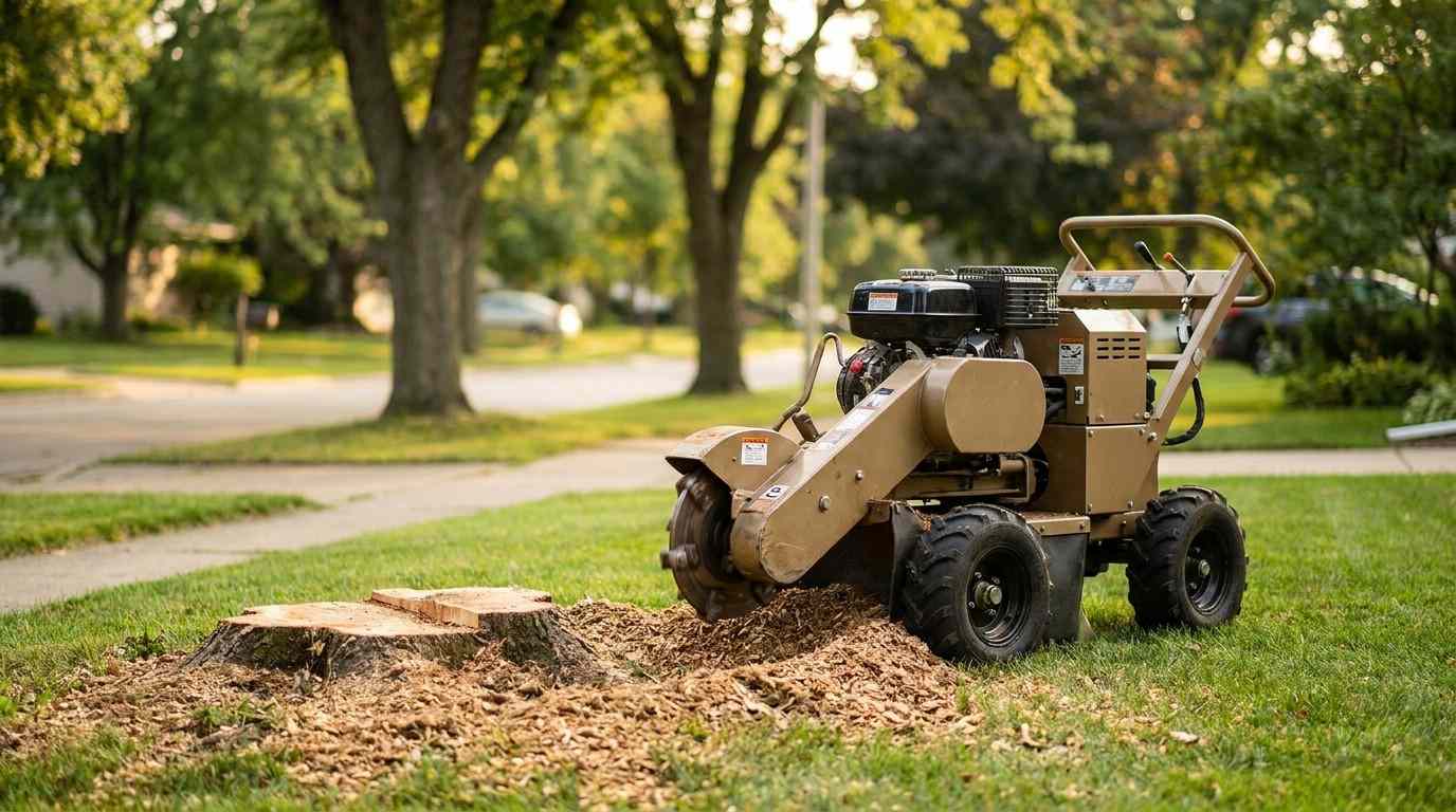 Professional stump grinder positioned beside a freshly cut tree stump in a residential lawn with wood chips scattered around the work area.